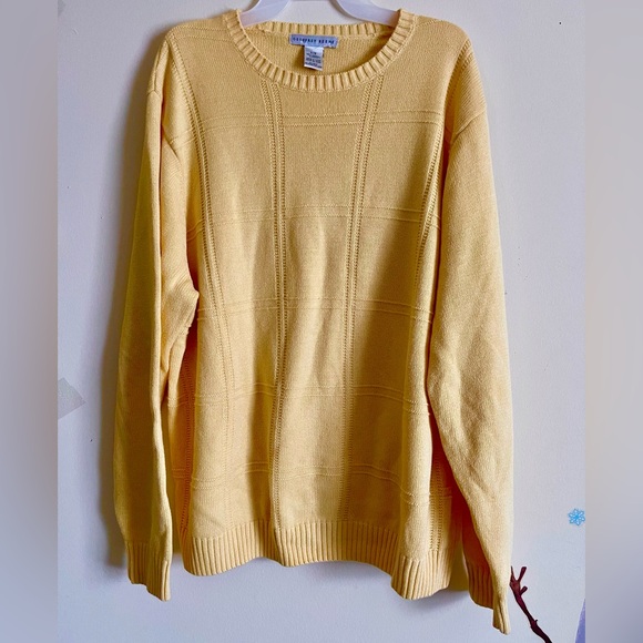 Geoffrey Beene Men Yellow Cotton cable knit pullover sweater Sz L square pattern - Picture 1 of 2